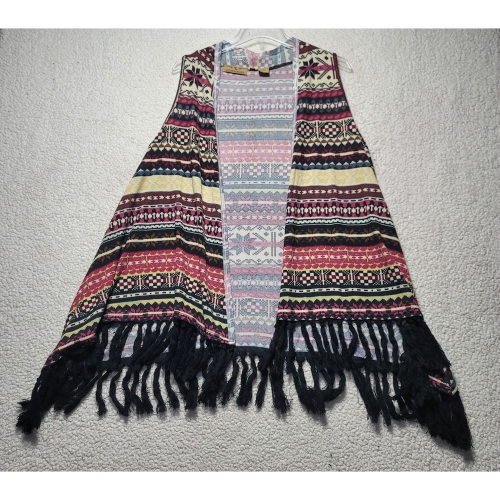R Cinco Ranch Womens Large Southwestern Fair Isle Fringe Open Front Vest Multi